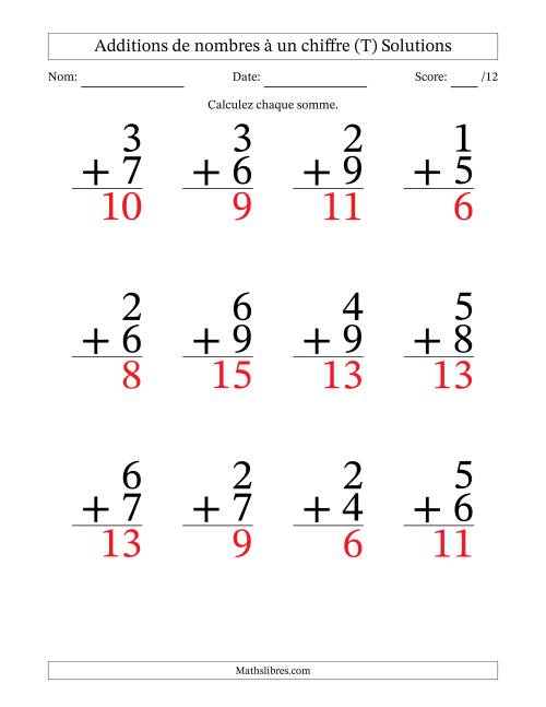 12 questions d'addition de nombres à un chiffre quelques unes avec retenue. (T) page 2