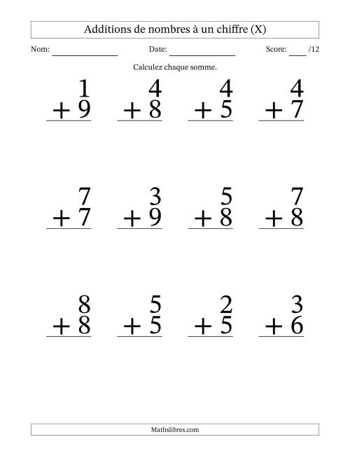 12 questions d'addition de nombres à un chiffre quelques unes avec retenue. (X)