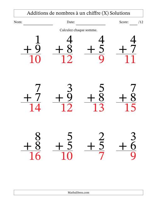 12 questions d'addition de nombres à un chiffre quelques unes avec retenue. (X) page 2