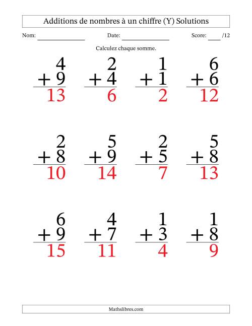 12 questions d'addition de nombres à un chiffre quelques unes avec retenue. (Y) page 2