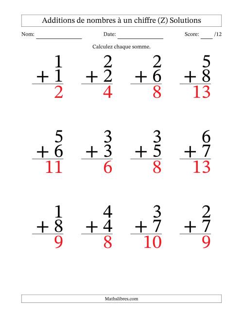 12 questions d'addition de nombres à un chiffre quelques unes avec retenue. (Z) page 2