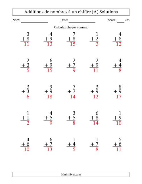 25 questions d'addition de nombres à un chiffre quelques unes avec retenue. (A) page 2