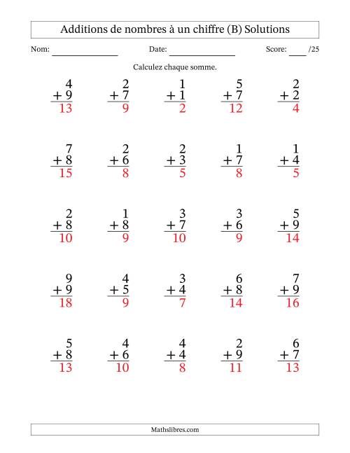 25 questions d'addition de nombres à un chiffre quelques unes avec retenue. (B) page 2
