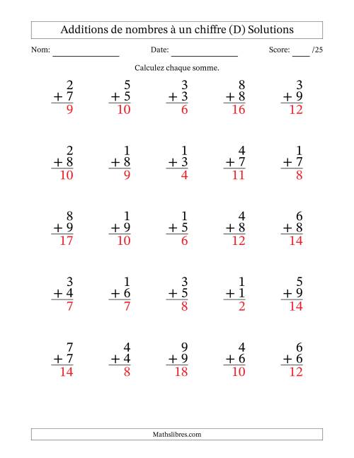 25 questions d'addition de nombres à un chiffre quelques unes avec retenue. (D) page 2