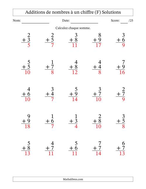 25 questions d'addition de nombres à un chiffre quelques unes avec retenue. (F) page 2