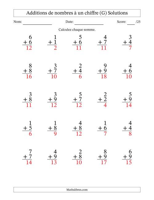 25 questions d'addition de nombres à un chiffre quelques unes avec retenue. (G) page 2
