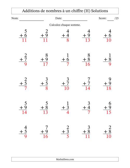 25 questions d'addition de nombres à un chiffre quelques unes avec retenue. (H) page 2