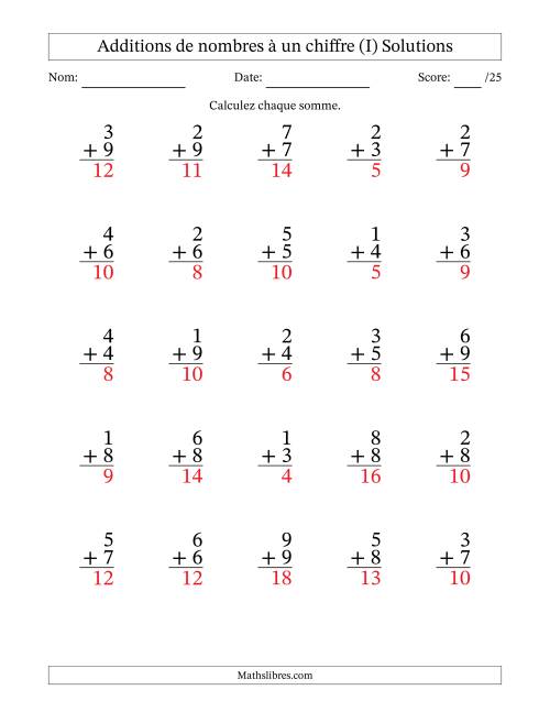 25 questions d'addition de nombres à un chiffre quelques unes avec retenue. (I) page 2