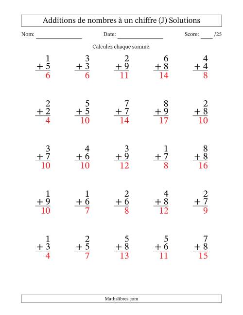 25 questions d'addition de nombres à un chiffre quelques unes avec retenue. (J) page 2