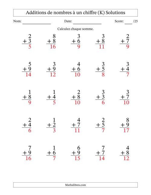 25 questions d'addition de nombres à un chiffre quelques unes avec retenue. (K) page 2