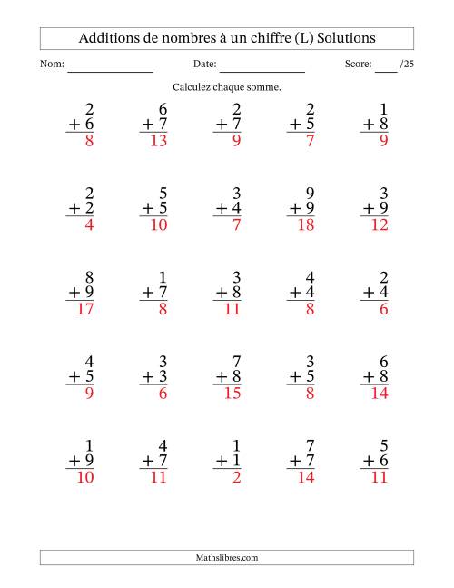 25 questions d'addition de nombres à un chiffre quelques unes avec retenue. (L) page 2