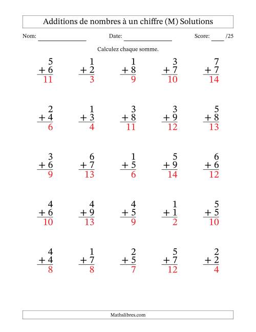 25 questions d'addition de nombres à un chiffre quelques unes avec retenue. (M) page 2