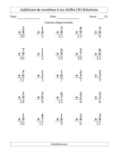 25 questions d'addition de nombres à un chiffre quelques unes avec retenue. (N) page 2