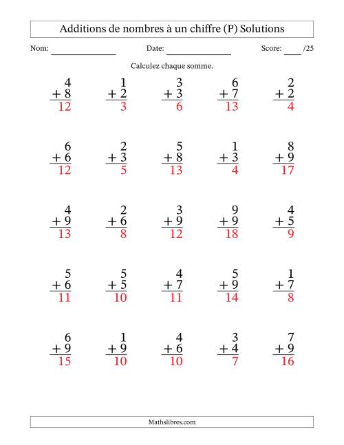 25 questions d'addition de nombres à un chiffre quelques unes avec retenue. (P) page 2