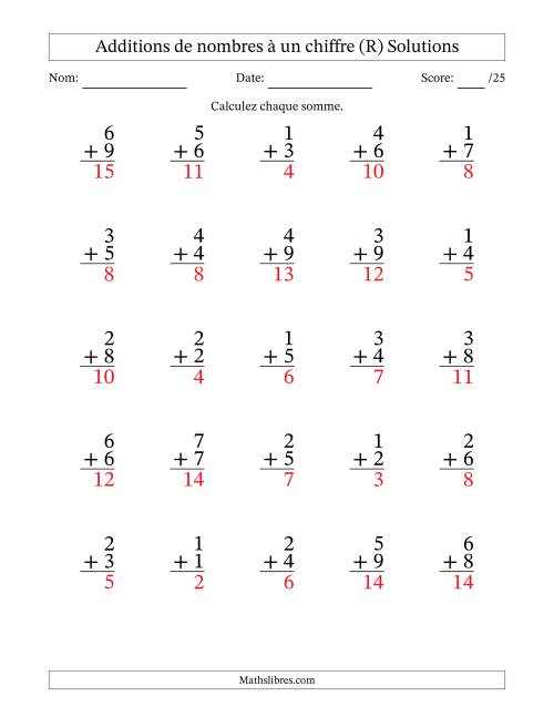 25 questions d'addition de nombres à un chiffre quelques unes avec retenue. (R) page 2