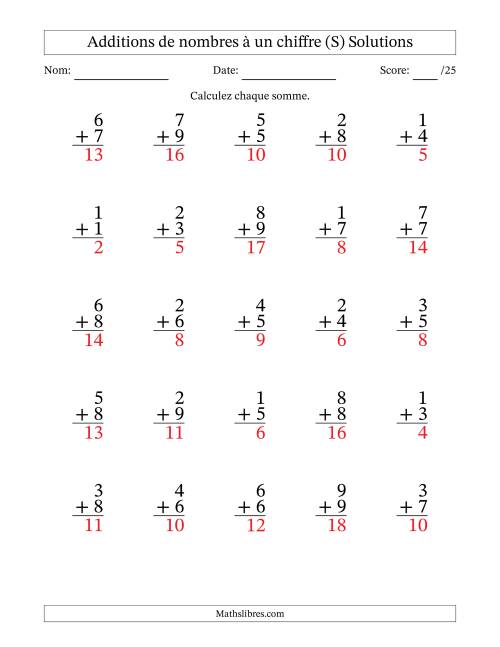 25 questions d'addition de nombres à un chiffre quelques unes avec retenue. (S) page 2