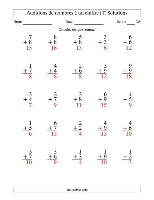 25 questions d'addition de nombres à un chiffre quelques unes avec retenue. (T) page 2