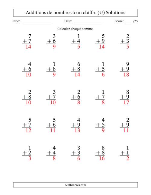 25 questions d'addition de nombres à un chiffre quelques unes avec retenue. (U) page 2