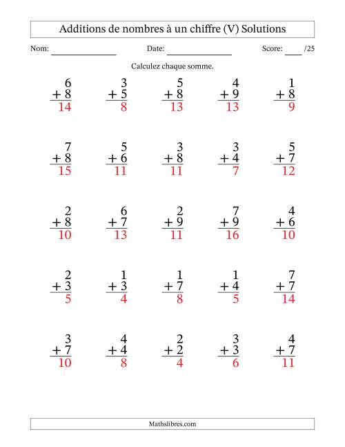 25 questions d'addition de nombres à un chiffre quelques unes avec retenue. (V) page 2