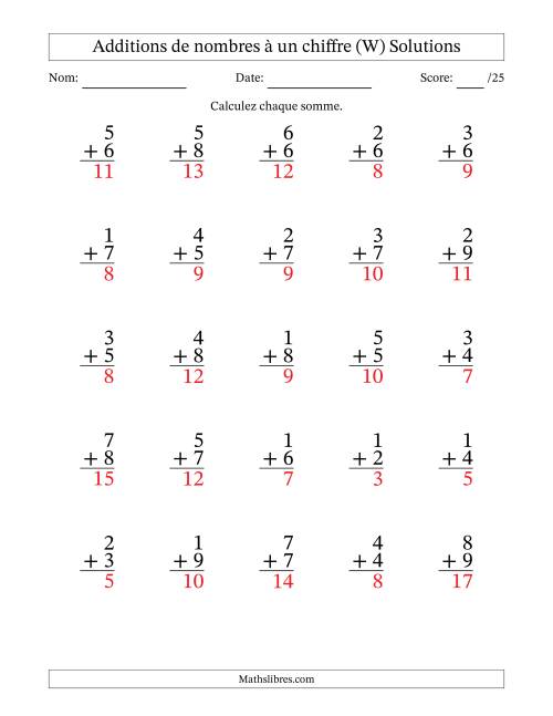 25 questions d'addition de nombres à un chiffre quelques unes avec retenue. (W) page 2