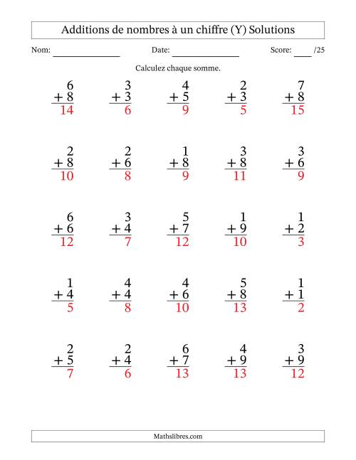 25 questions d'addition de nombres à un chiffre quelques unes avec retenue. (Y) page 2