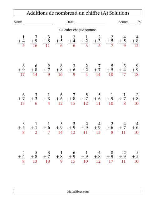50 questions d'addition de nombres à un chiffre quelques unes avec retenue. (A) page 2