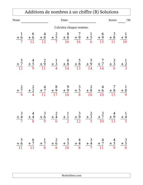 50 questions d'addition de nombres à un chiffre quelques unes avec retenue. (B) page 2