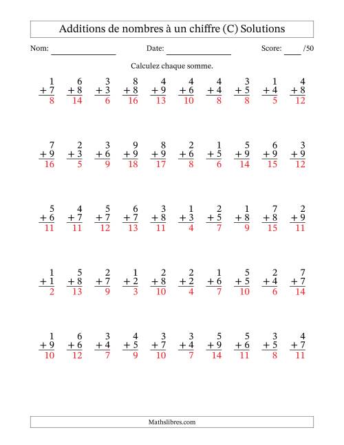 50 questions d'addition de nombres à un chiffre quelques unes avec retenue. (C) page 2