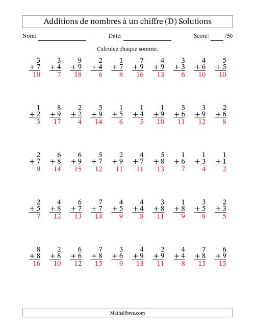 50 questions d'addition de nombres à un chiffre quelques unes avec retenue. (D) page 2
