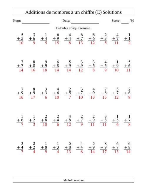 50 questions d'addition de nombres à un chiffre quelques unes avec retenue. (E) page 2