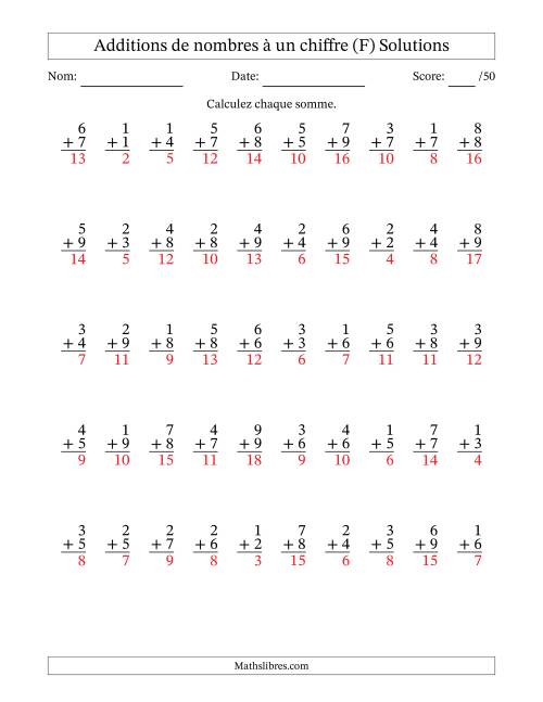 50 questions d'addition de nombres à un chiffre quelques unes avec retenue. (F) page 2