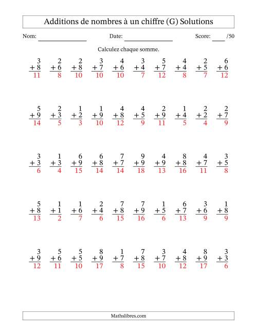 50 questions d'addition de nombres à un chiffre quelques unes avec retenue. (G) page 2