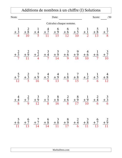 50 questions d'addition de nombres à un chiffre quelques unes avec retenue. (I) page 2