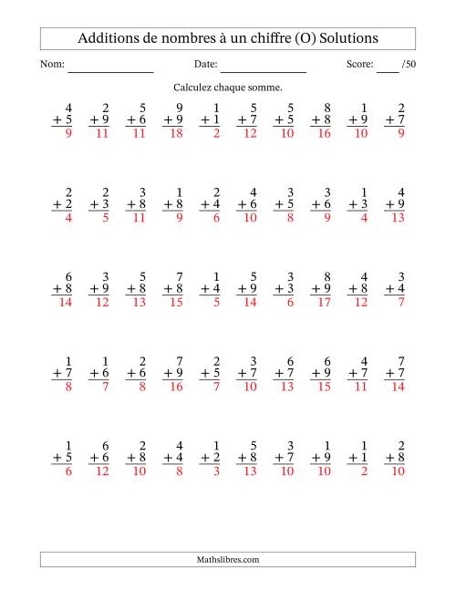 50 questions d'addition de nombres à un chiffre quelques unes avec retenue. (O) page 2