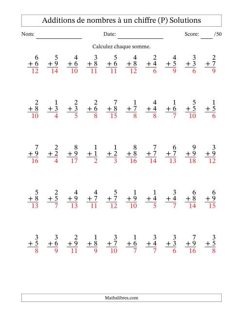 50 questions d'addition de nombres à un chiffre quelques unes avec retenue. (P) page 2