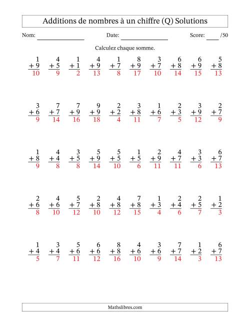 50 questions d'addition de nombres à un chiffre quelques unes avec retenue. (Q) page 2