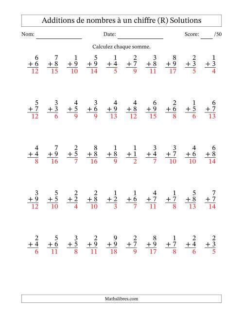 50 questions d'addition de nombres à un chiffre quelques unes avec retenue. (R) page 2