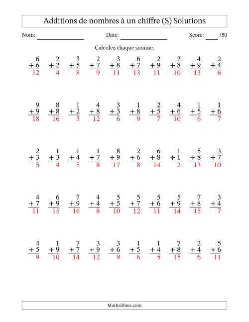 50 questions d'addition de nombres à un chiffre quelques unes avec retenue. (S) page 2