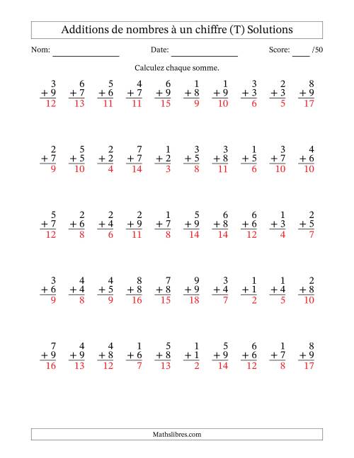 50 questions d'addition de nombres à un chiffre quelques unes avec retenue. (T) page 2
