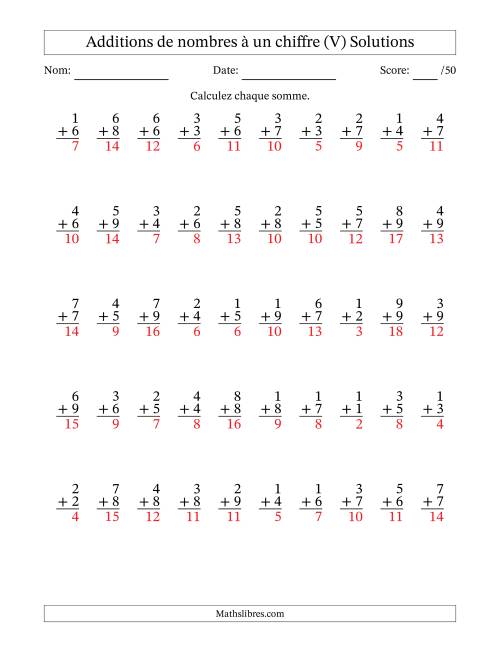 50 questions d'addition de nombres à un chiffre quelques unes avec retenue. (V) page 2