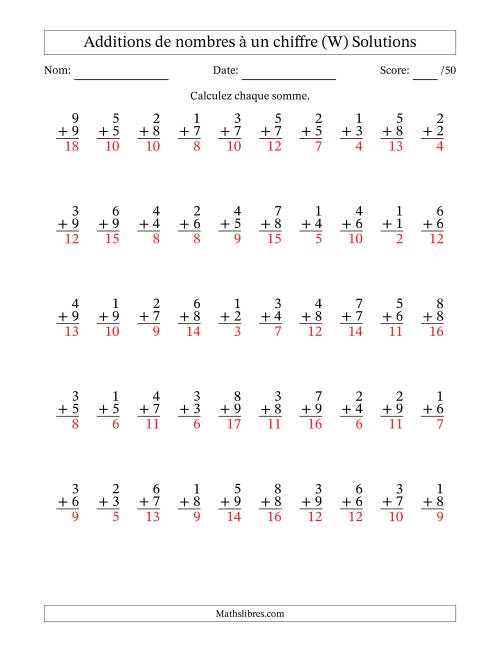50 questions d'addition de nombres à un chiffre quelques unes avec retenue. (W) page 2
