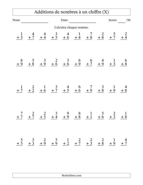 50 questions d'addition de nombres à un chiffre quelques unes avec retenue. (X)