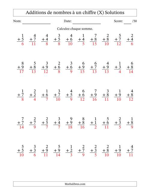 50 questions d'addition de nombres à un chiffre quelques unes avec retenue. (X) page 2