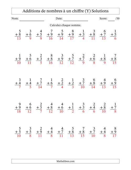 50 questions d'addition de nombres à un chiffre quelques unes avec retenue. (Y) page 2