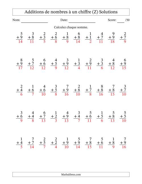 50 questions d'addition de nombres à un chiffre quelques unes avec retenue. (Z) page 2