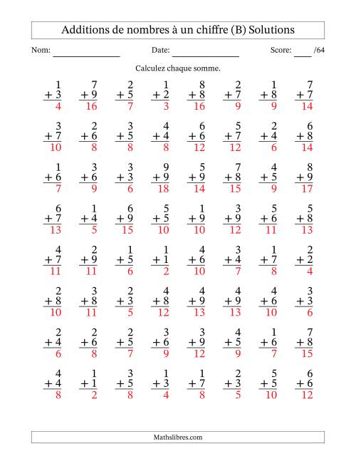 64 questions d'addition de nombres à un chiffre quelques unes avec retenue. (B) page 2
