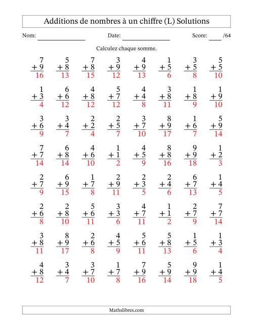64 questions d'addition de nombres à un chiffre quelques unes avec retenue. (L) page 2