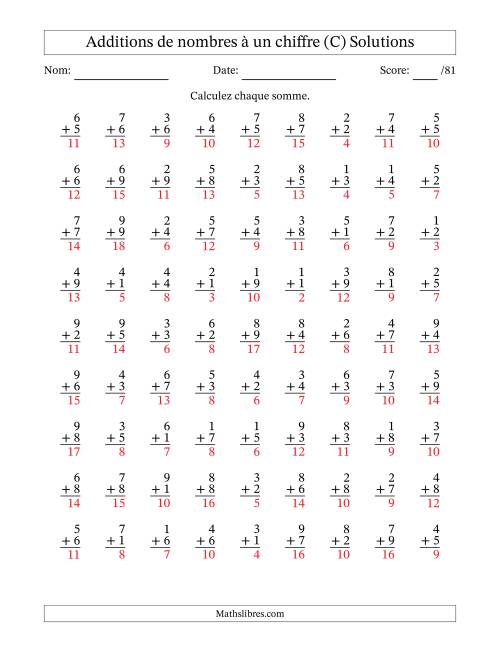 81 questions d'addition de nombres à un chiffre quelques unes avec retenue. (C) page 2