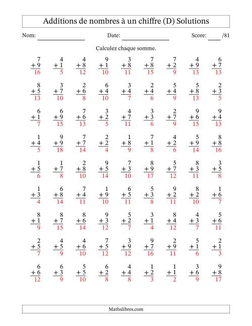 81 questions d'addition de nombres à un chiffre quelques unes avec retenue. (D) page 2
