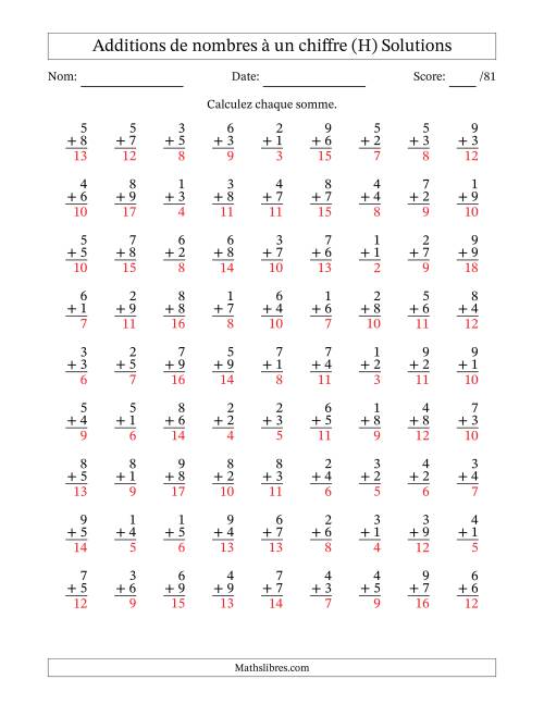 81 questions d'addition de nombres à un chiffre quelques unes avec retenue. (H) page 2